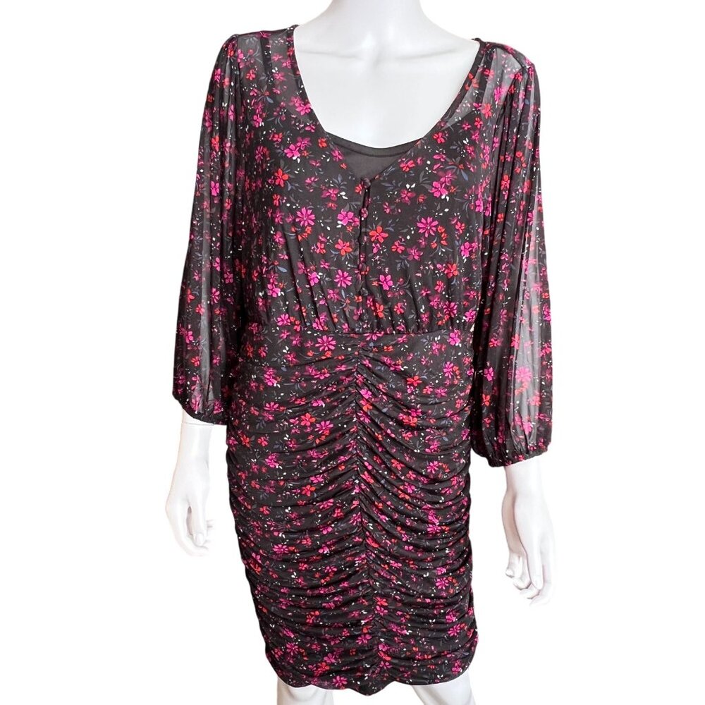 Torrid Sheer Black Floral Ruched Dress w/ Scoop Neck & Long Sleeves Size 0/L